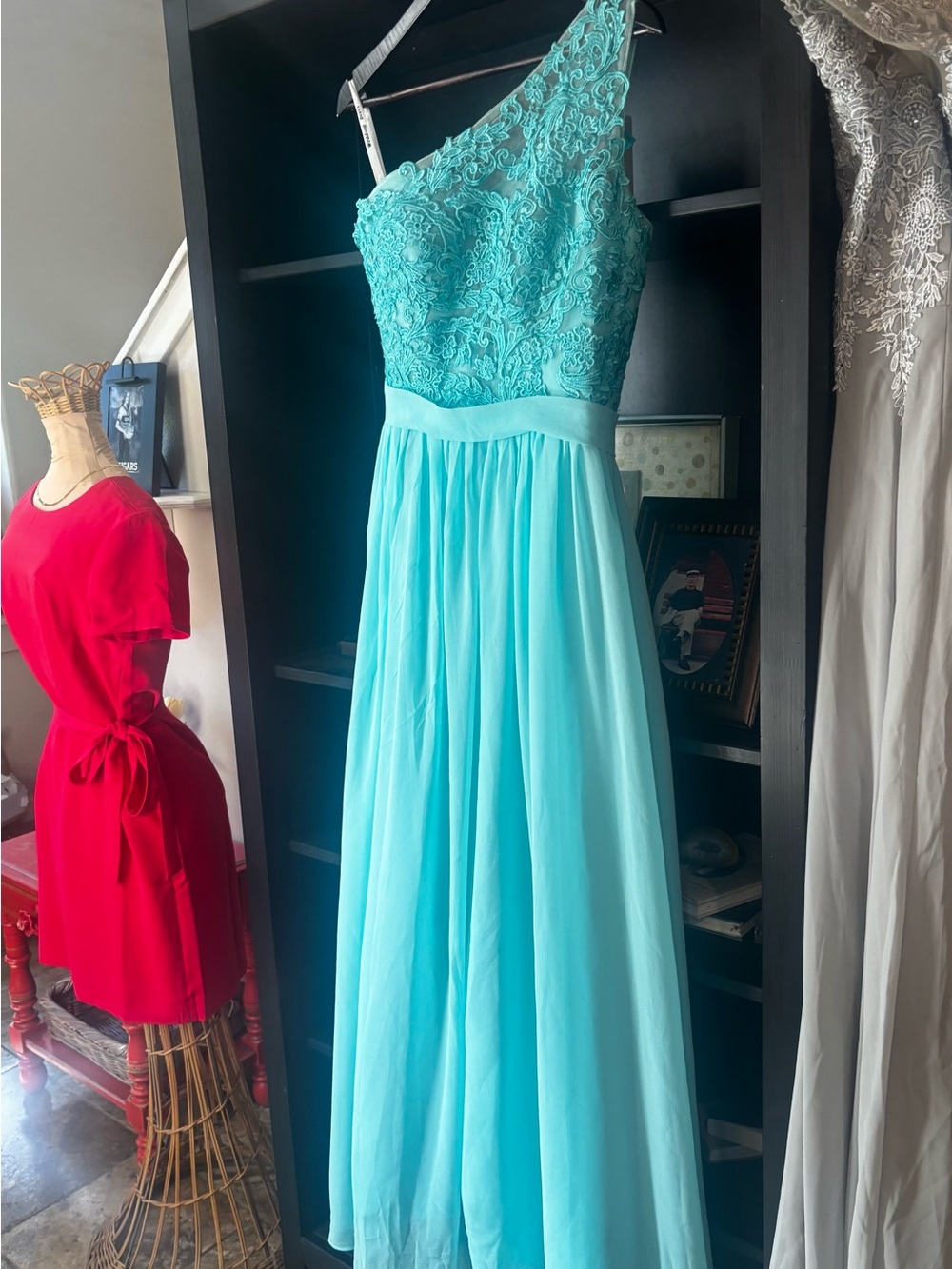 One-Shoulder Lace Bodice Chiffon Maxi Dress - Aqua Blue - Picture 2 of 9